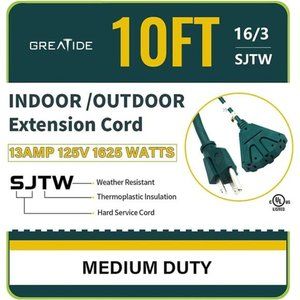10 Ft Outdoor Extension Cord with 3 Electrical Power Outlets - Green Cable